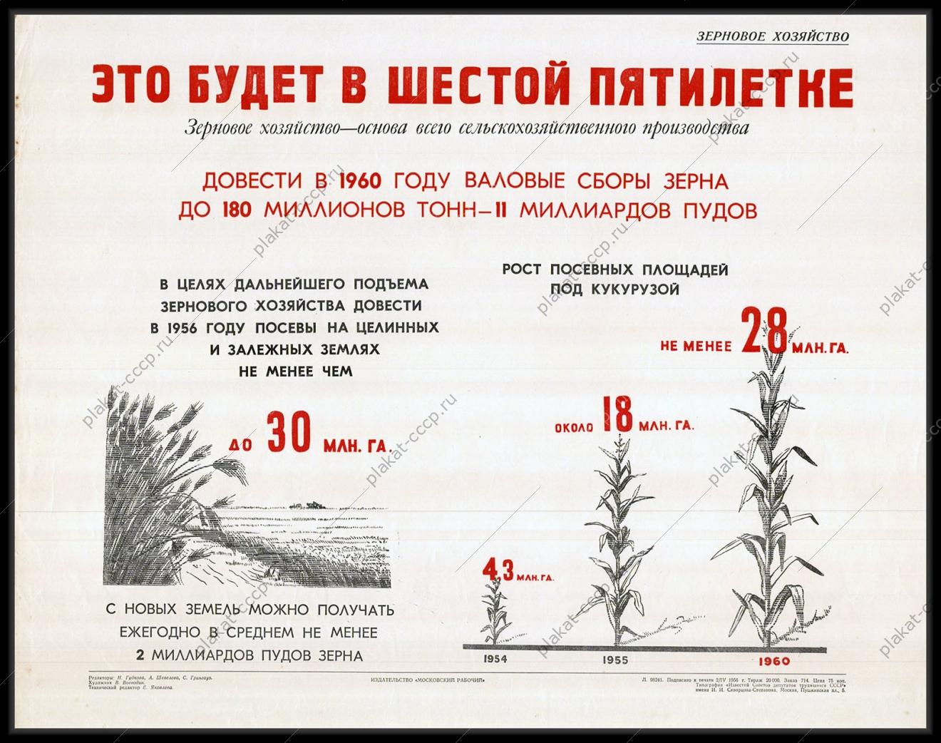 Оригинальный плакат СССР сбор зерна кукурузы сельскохозяйственное производство зерновое хозяйство пятилетка 1956