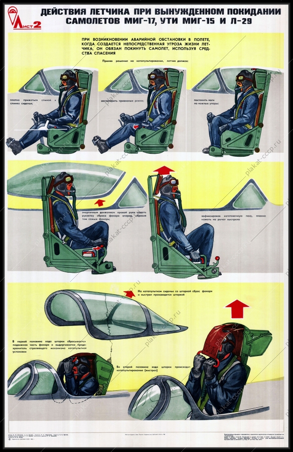 Оригинальный советский плакат действия летчиков при покидании самолета авиация прыжки с парашютом
